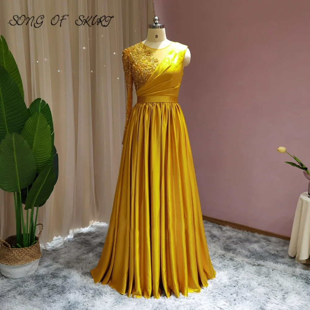 Golden O Neck Evening Dresses Sparkle Beaded  Sequin Satin Dubai Muslim Women Forma Prom Party Gown One Shoulder Robe De Soirée