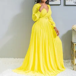 Sexy Yellow Plus Size Women Loose Long Dresses Pleated Plain Dinner Evening Party Vintage Female 2026 Autumn Maxi Dress 4XL 5XL