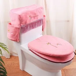 Simple Printed Pattern Household Toilet Pad Set All Seasons Universal Plush Toilet Ring Cover Bathroom Toilet Tank Protect Cover