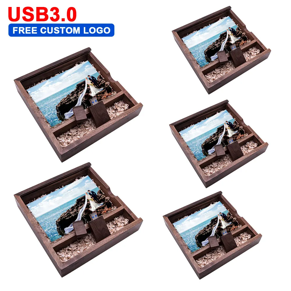 5pcs/lot Usb Flash Pen Drive Usb3.0 Wooden Usb + Box  8gb 16gb 32gb 64gb Free Custom Logo Data Storage Photography Wedding Gift