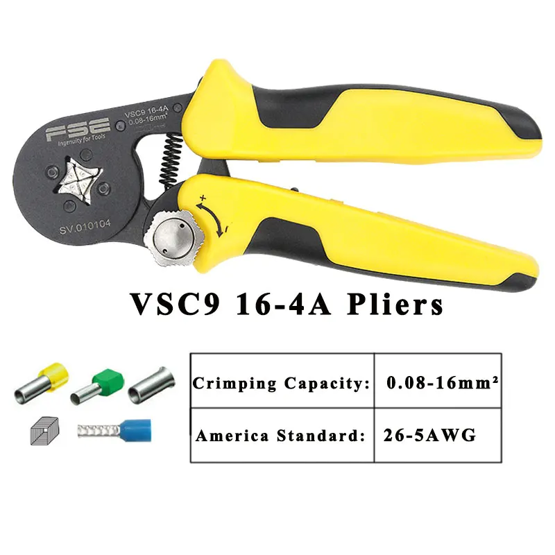 VSC9-16-4A 0.08-16mm^2 23-5AWG Adjustable Precise Crimp Pliers Tube Bootlace Terminal Crimping Hand Tool HSC9-16-4A