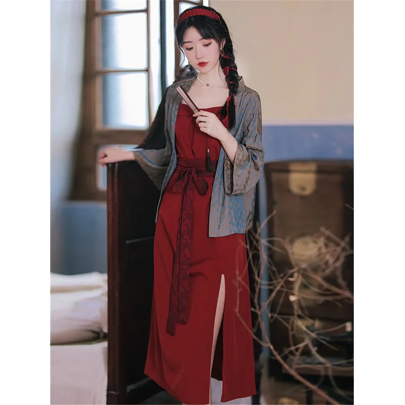 

2022 Japanese Kimono Women's Two-Piece Retro Traditional Obi Belt Suit Retro Red Sling Long Dress with Vintage Coat Thin