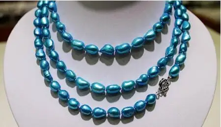 

long freshwater pearl necklace Turquoise Blue Baroque 8x10mm 45" metal clasp