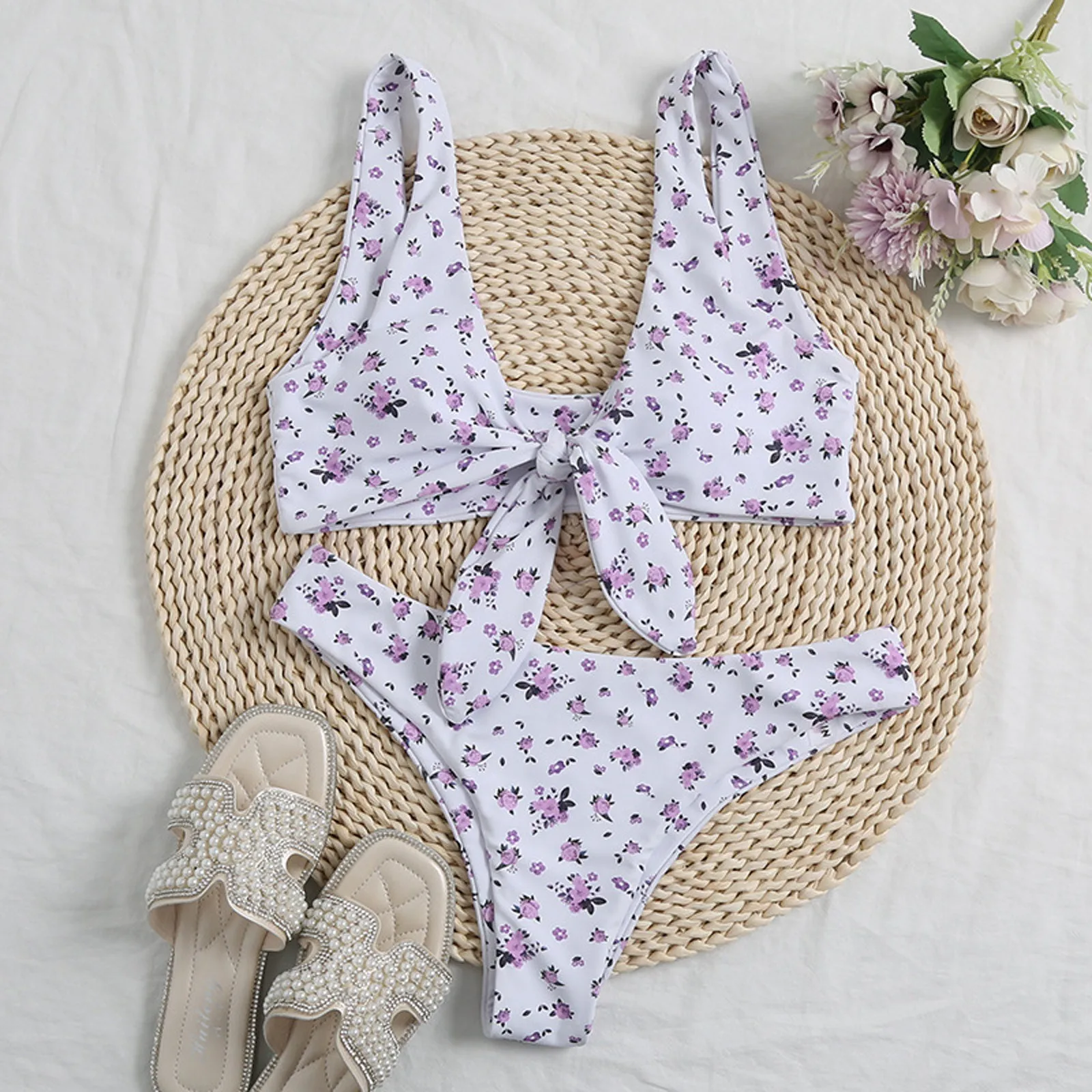 Sexy Tie Bowknot Bikinis Purple Flower Print Thong Swimwear Set Two Pieces Swim Suits Brazilian Padded Bandeau Summer Clothes