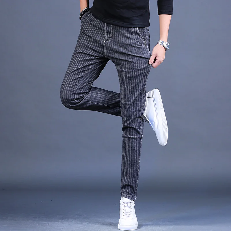 Autumn New Men's Fashion Striped Jeans Stretch Slim Fit Pencil Pants Korean Style Dark Gray Denim Trousers