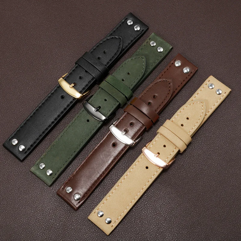 Yopo 20 22mm Genuine leather strap  black army green khaki brown with nail bracelet Replacement belt for men\'s watch accessories