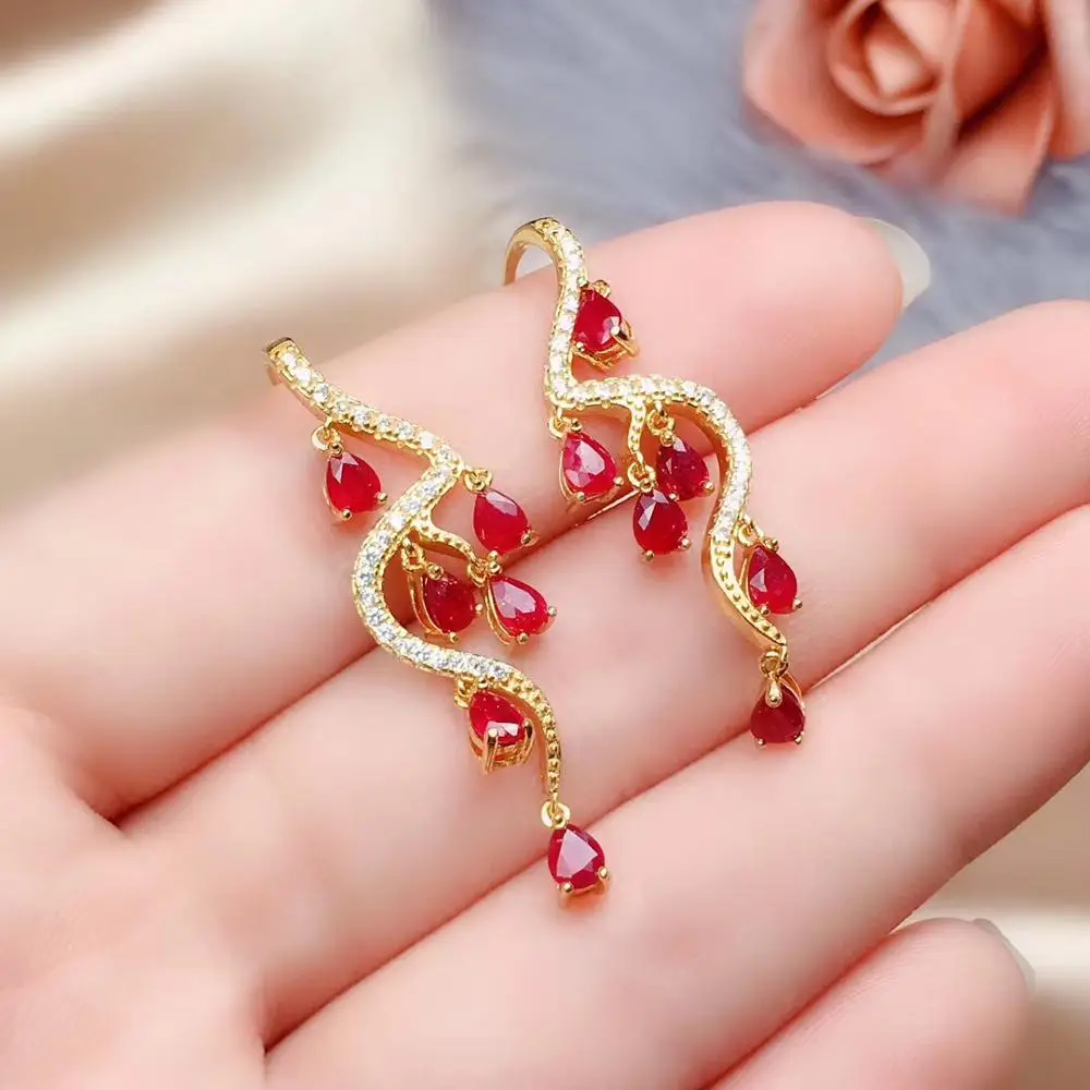 Natural Real Ruby Earring Real 925 Silver sterling Fine Charm Jewelry for Women Wedding Party Earring