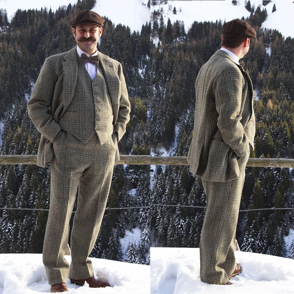 

Business Men Suits Tailor-Made 3 Pieces Plaid British Style Wedding Groom Formal Tailored Causal Prom Fashion Costume Homme