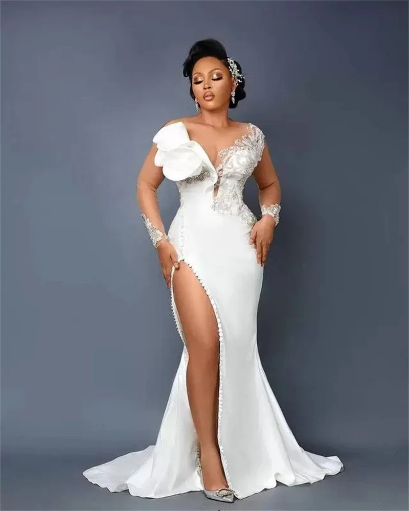 Plus Size abito da sposa bianco Ruffles Beads Lace Appliques treno staccabile abito da sposa Custom Made maniche lunghe Robes De Mariée