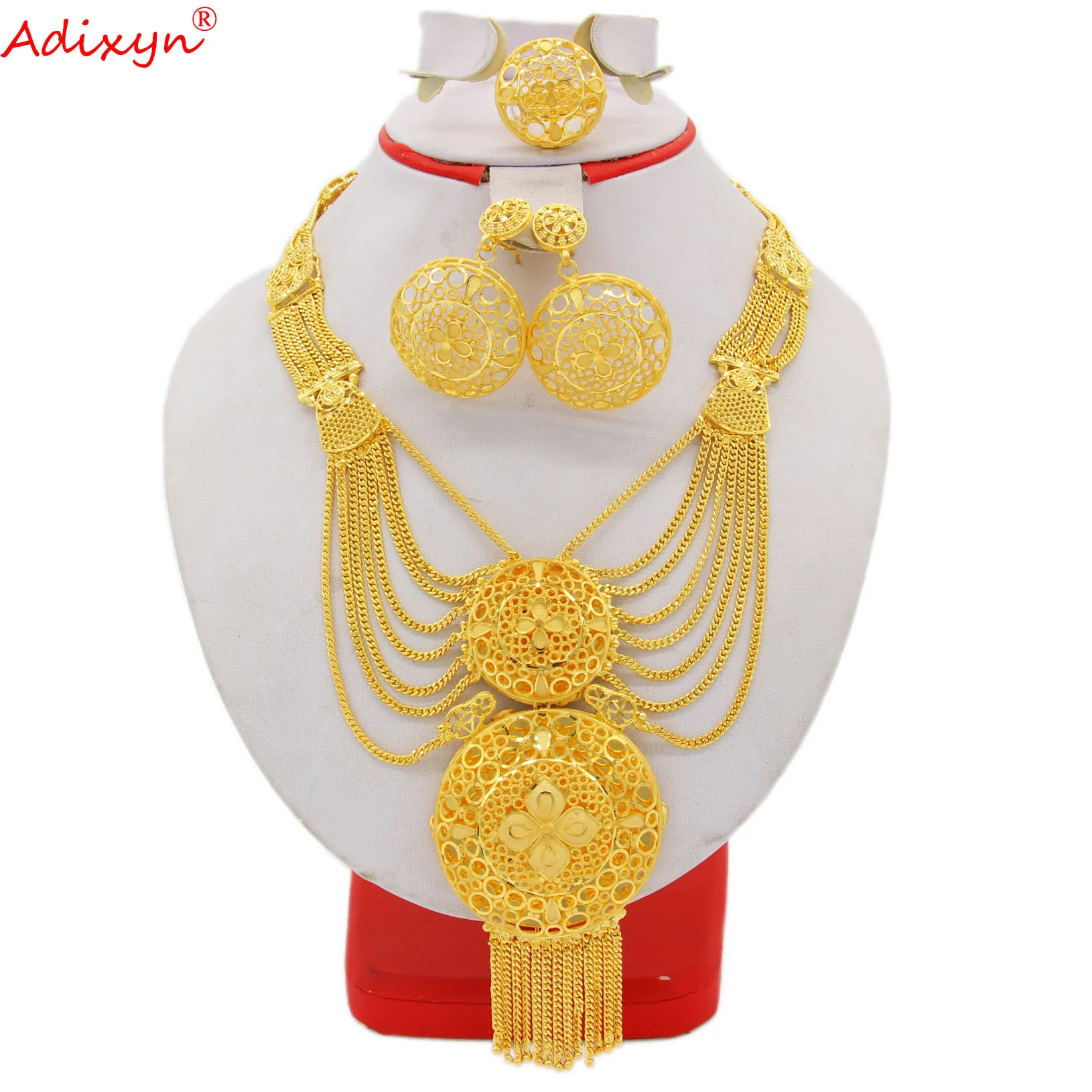 Adixyn Dubai 60cm Chain/Earrings/Ring Jewelry Set 24k Gold Color India African Nigeria Bridal Wedding Gifts N121013