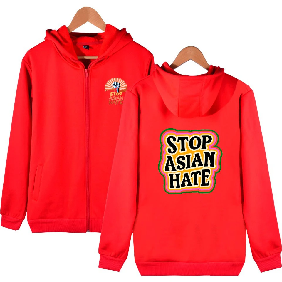 Stop Asian Hate Men Fleece Hoodie Zipper Hoody Winter Warm Jacket Sweatshirt Cartoon Male Hoodie Sweatshirt New