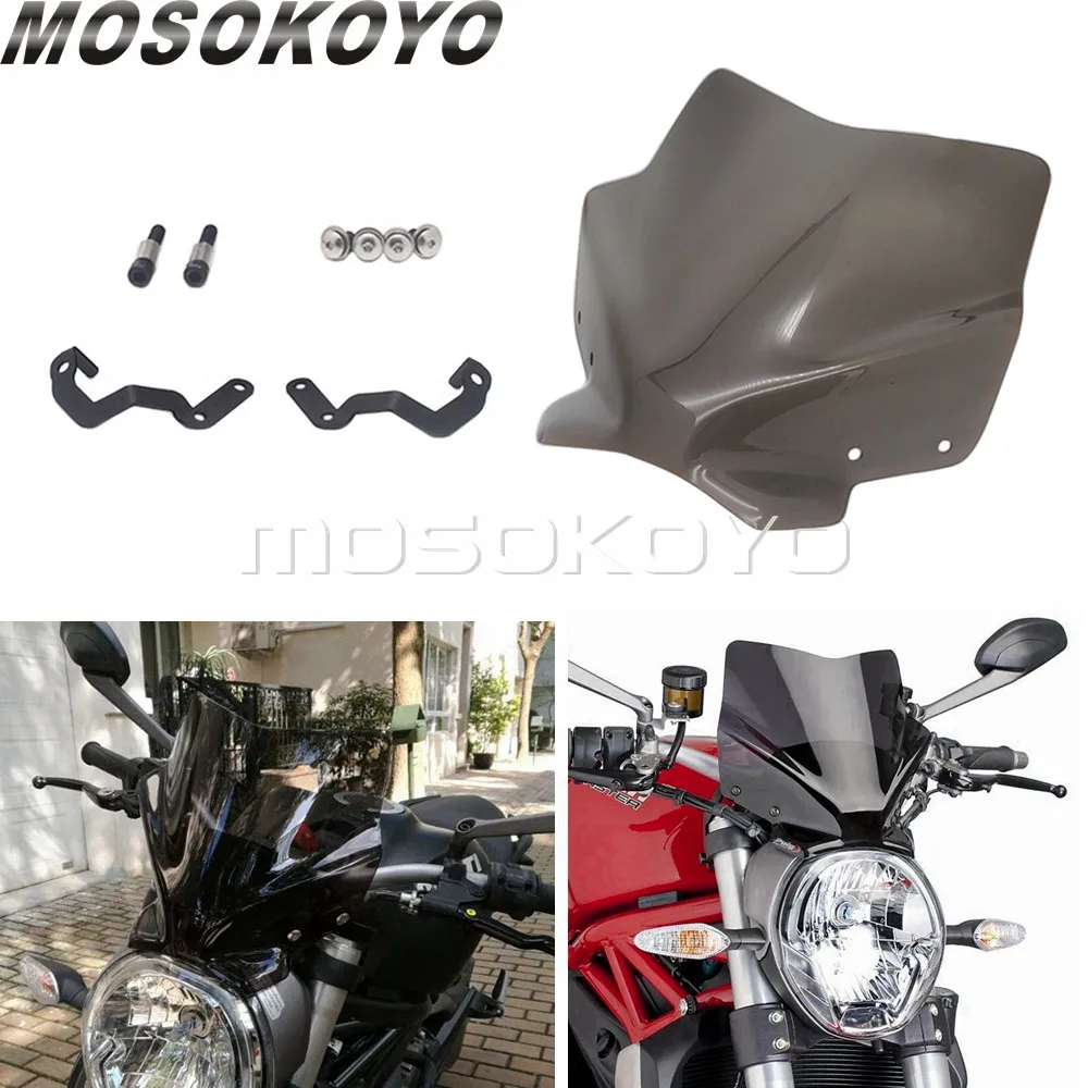 Smoke Windshield WindScreen w/ Bracket Mounting Screws for Ducati Monster 821 797 1200S 1200R 2014-2020 Front Airflow Deflectors