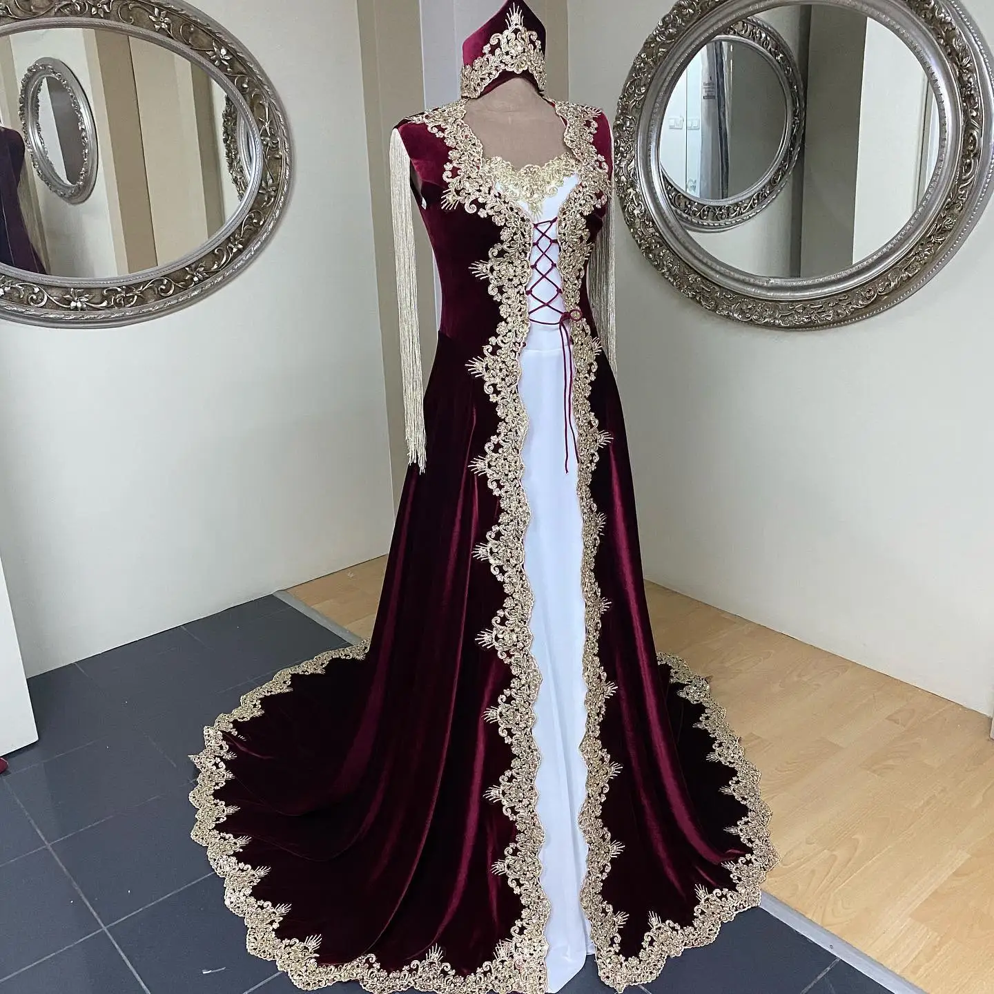 Thinyfull Burgundy And White Two Piece Karakou Evening Dresse Gold Lace Train Caftan Prom Dress Party Gowns Vestido De Festa