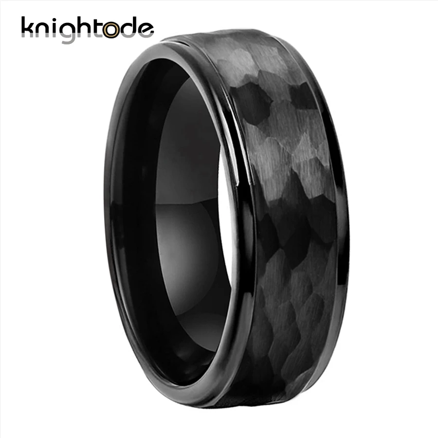 Hammer 8mm 6mm Black Tungsten Carbide Rings Hammered  Stepped Edges Brushed Finish Mens Wedding Band Comfort Fit