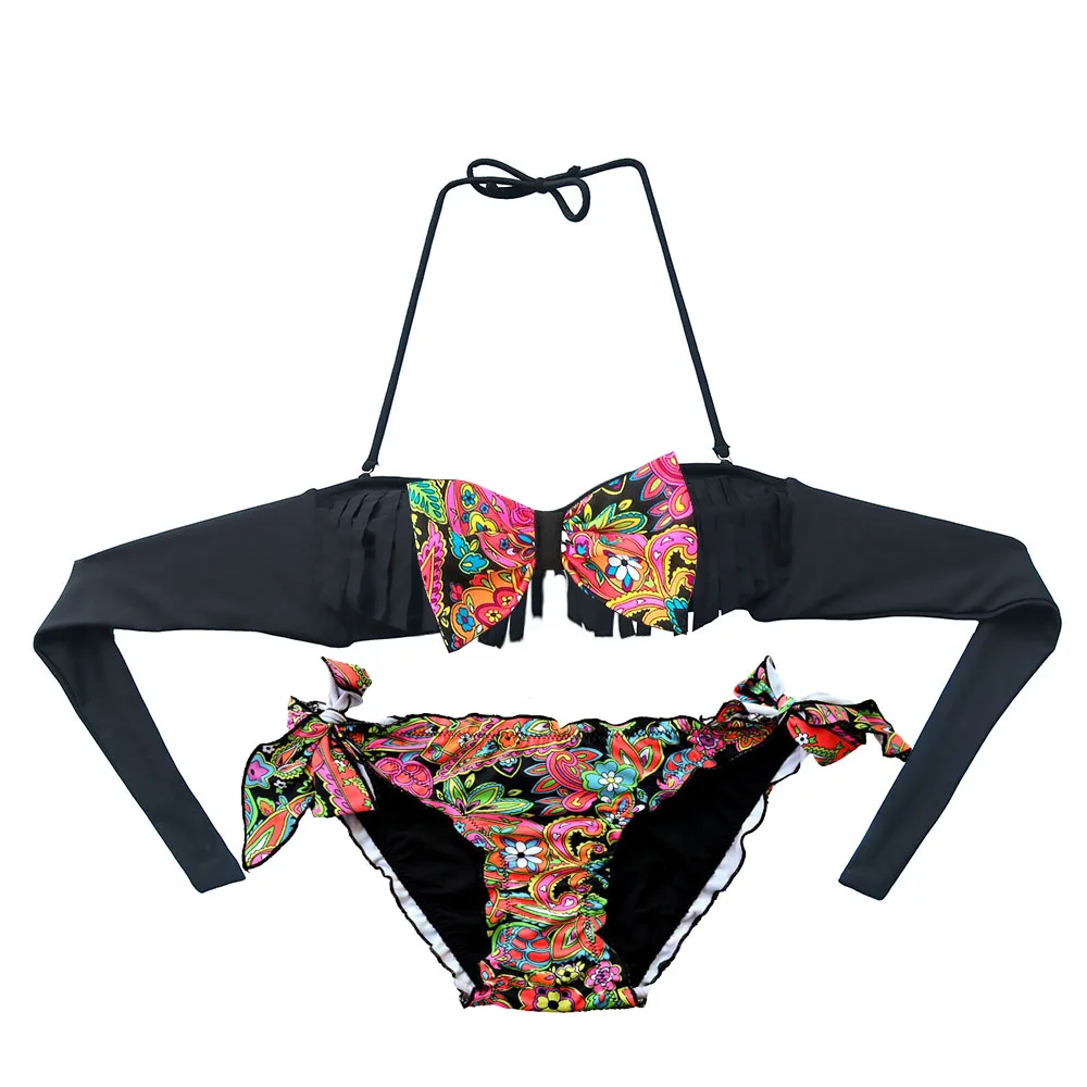 Boog Kwastje Top Bikini Voor Vrouwen Sexy Meisje Badpak Biquini Zwart Printing Bottom Braziliaanse