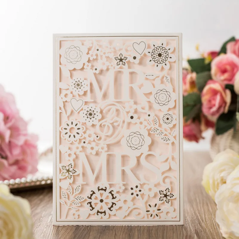 1pcs Rustic Wedding Invitations Card Navy Blue and Gold Red White Ivory Laser Cut Bride Groom Greeting invites Envelope marriage