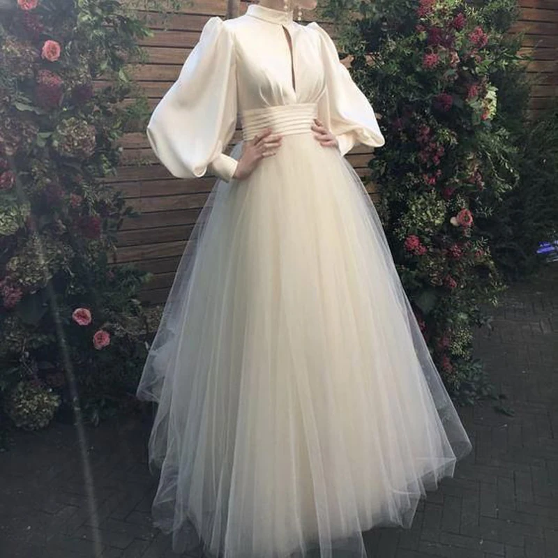 

Elegant Homecoming Dresses High Neck Puff Long Sleeves Satin Tulle Ball Gown Floor Length Women Evening Party Prom Custom Gowns