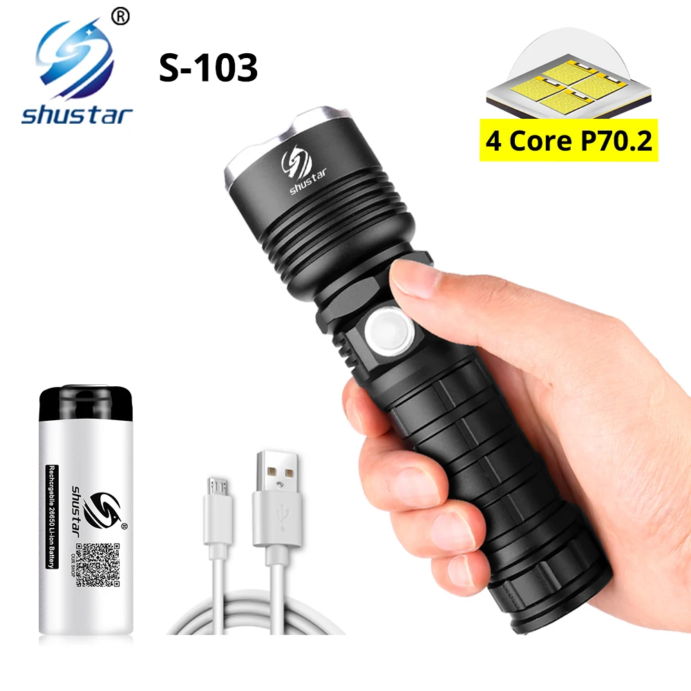 Powerful XHP70 LED Flashlight Waterproof LED Torch Support zoom 5 lighting modes Powered by 18650 or 26650 battery For outdoor