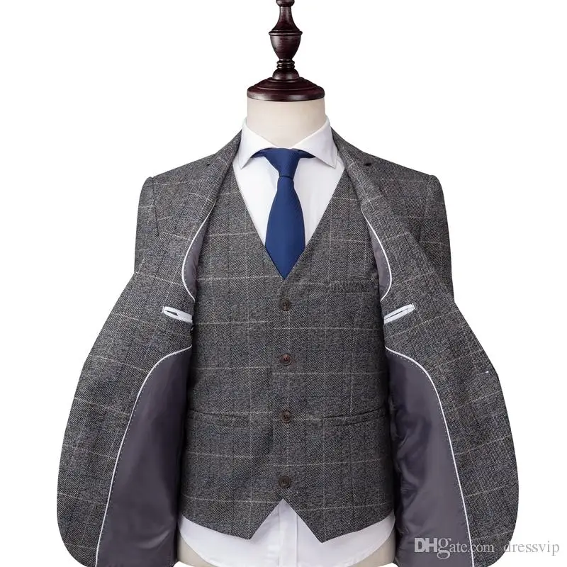 Grey Mens Suits Tweed Wool Check Suits Regular Fit Groom Tuxedos Custom Made Plaid Wedding Tuxedos Formal Dress