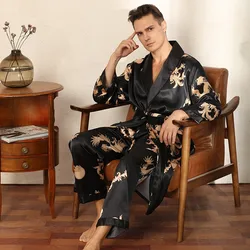 Male Satin Sleepwear Robe&Pants Dargon Pajamas Set Print Men Nightwear Kimono Bathrobe Gown Faux Silk Lounge Wear Home Clothes