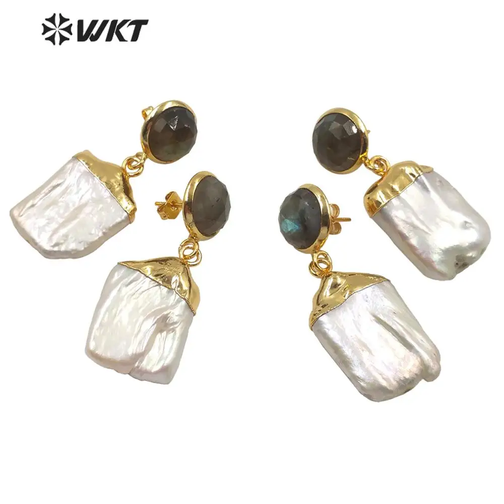 WT-MPE006 Hotsales Gold Natural Labradorite Studs Pearl Earrings Fashion Women Dangle Square White Gorgeous Style