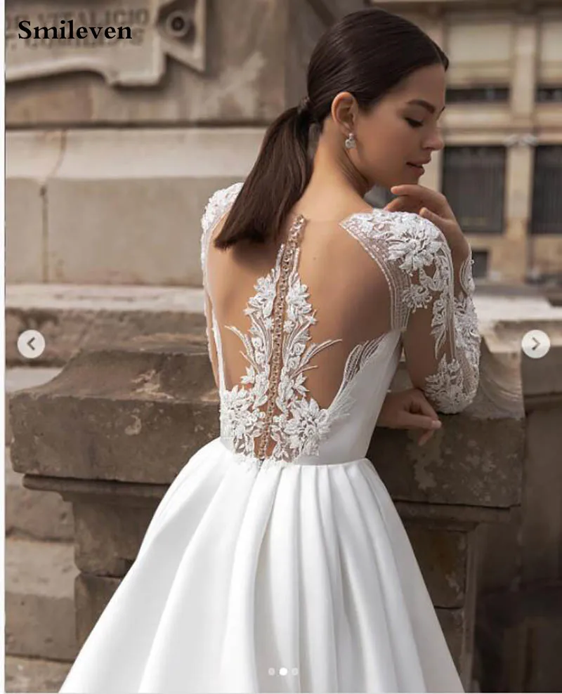 Smileven Elegant Satin Wedding Dresses Long Sleeve Lace Bride Gown Illusion Back Wedding Gown Covered Back Vestido de novia 2020