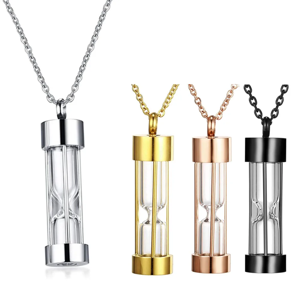 Stainless Steel Hourglass Urns Ash Pendant Jewelry Sandglass Keepsake Hold Memory Necklace Cylinder