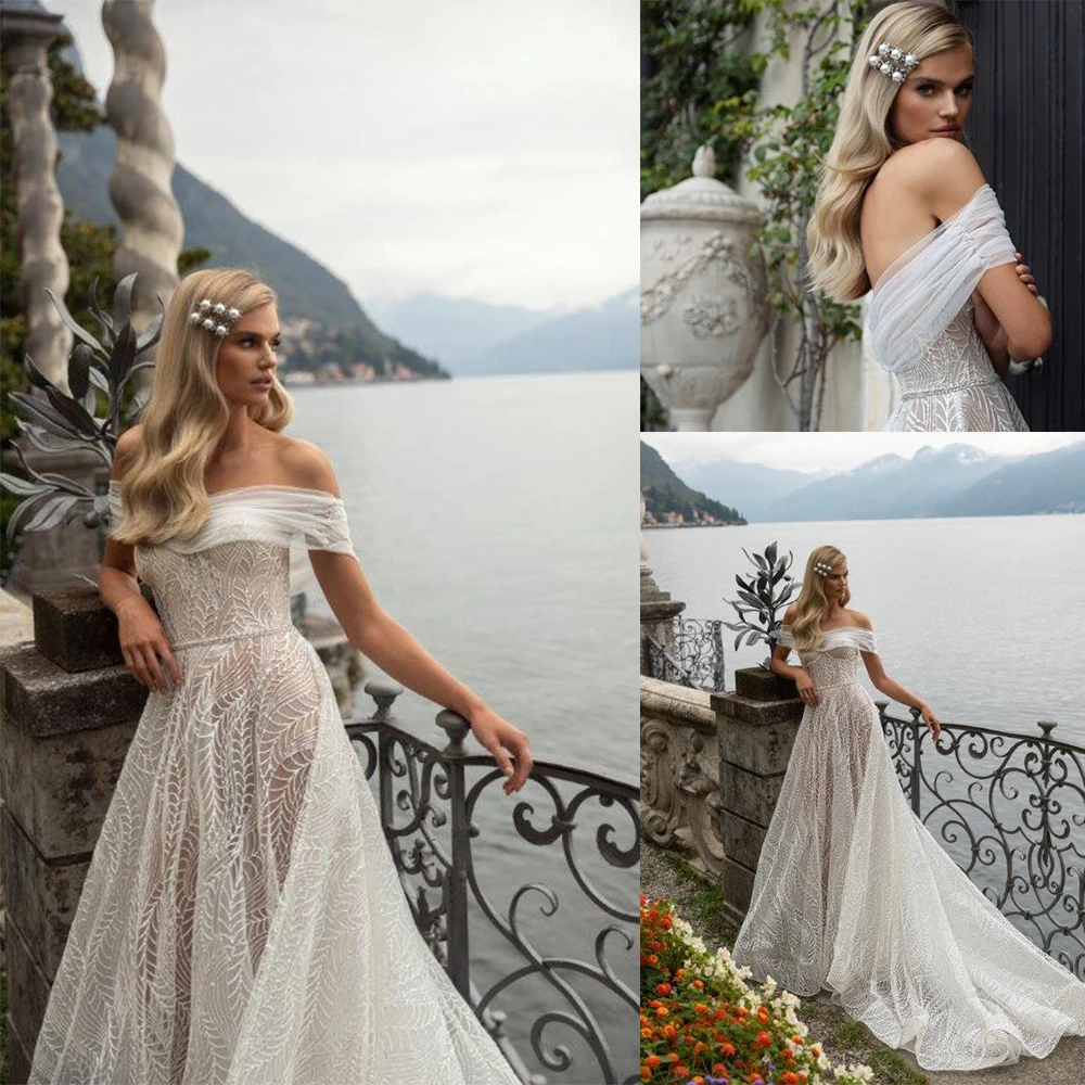 

2020 Vintage Off Shoulder Wedding Dresses Sequined Lace Applique Sash Vestido De Noiva Custom Made Bridal Dress