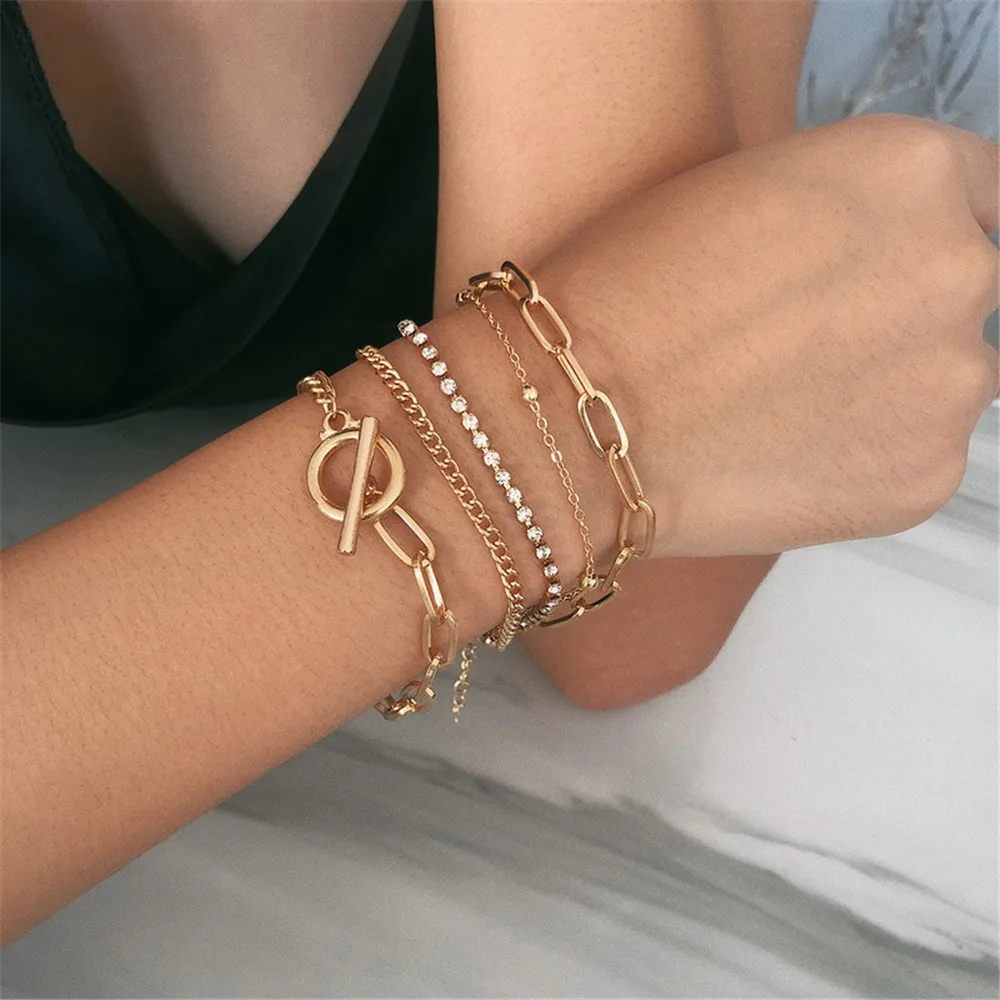 Boho 5Pcs/ Set Couple Bracelet Set for Women Charm Easy Hook Full Crystal Exaggerated Female Hollow Wrist Jewelry