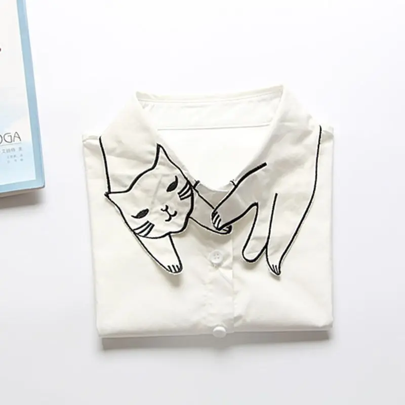 Retro British Style Women Girls Cotton False Fake Collar Cute Cartoon Cat Embroidery Casual Detachable Lapel Half-Shirt Blouse