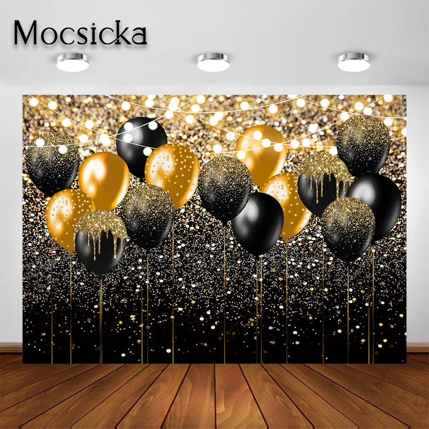 

Mocsicka Black Gold Backdrop for Birthday Wedding Graduation Party Photography Background Glitter Gold Balloon Party Decorations