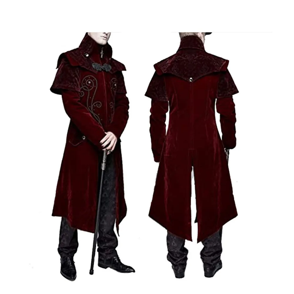 

Unisex Medieval Viking Knight Costume Wide Red Velevt Steampunk Castle Court Nobles Tailcoat Winter Vampire Devil Jacket Tuxedo