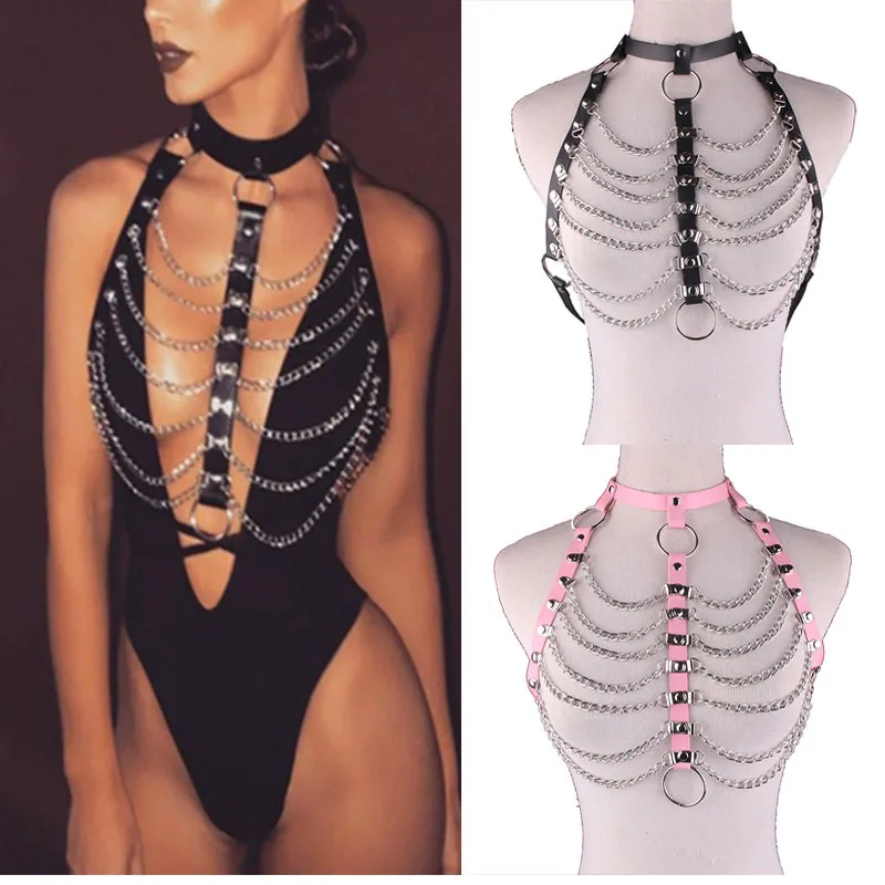 

Emo PU Leather Harness Goth Punk Multiayer Chains Bondage Halterneck Beach Collar Gothic Waist Shoulder Body Necklaces for Women