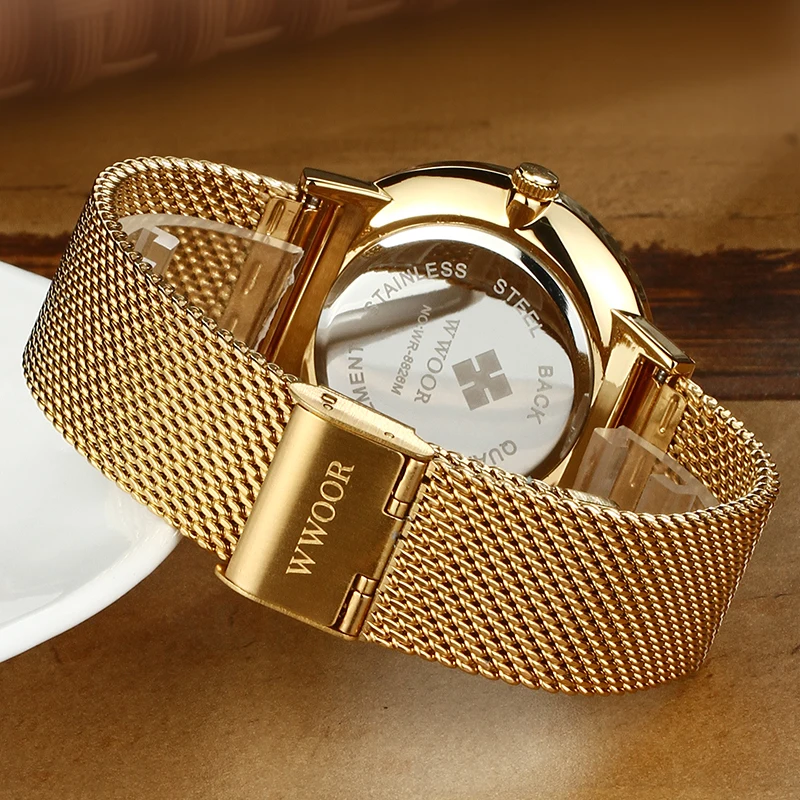 WWOOR – montre-bracelet en acier pour hommes, marque célèbre, maille étanche, de luxe, à Quartz doré