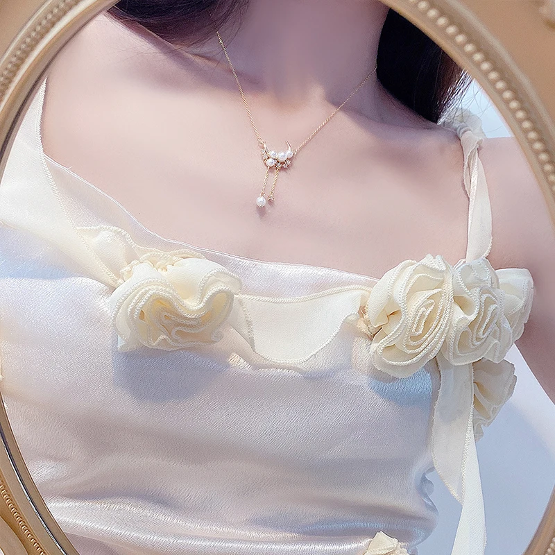 Korean New Arrive 14K Plated Gold Moon Pearl Necklace Micro Inlaid AAA Zircon Tassel Kolye Bohemia Jewelry Pendant Birthday Gift