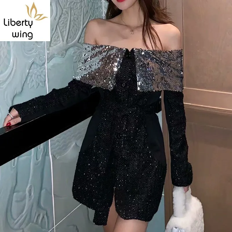 

New Fashion Runway Designer Womens Slash Neck Sequined Tweed Dress Sexy Off Shoulder Slim Fit Glitter Party Dresses