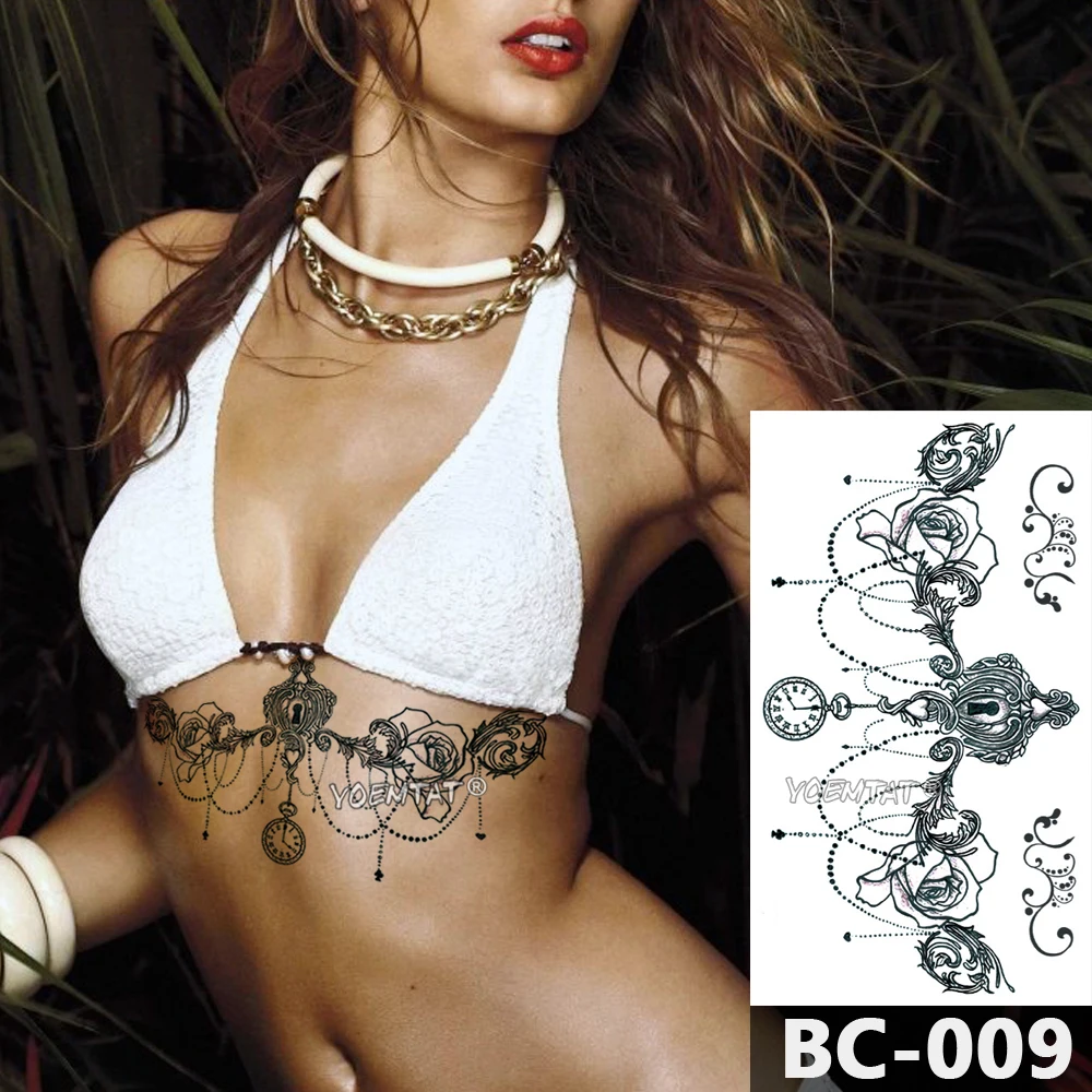 Pegatinas de tatuaje temporal para mujer, joyería con forma de abanico, encaje, Henna, tótem, Flash, tatuaje Sexy, cintura, pecho, arte corporal, tatuajes falsos impermeables