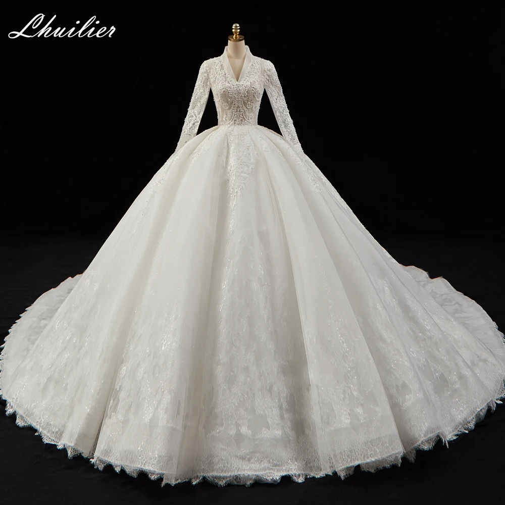 Lhuilier Customized Ball Gown V-neck Lace Wedding Dresses Floor Length Long Sleeves Pearls Beaded Cathedral Train Bridal Dresses