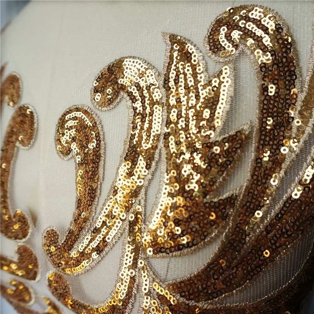 2PCS 46CM Gold Sequin Lace Fabric Appliques Sew On Patches Mesh Wedding Decoration Embroidery For Bride Evening Dress DIY image 2