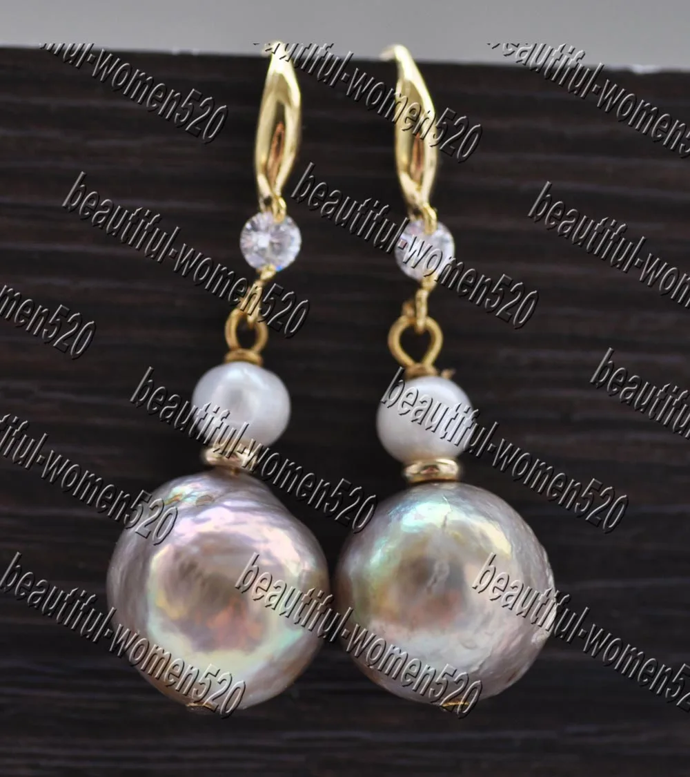 MTC·STAR  Z11181 15mm Gold-Lavender White Almost Round Edison Keshi Pearl Dangle Earring CZ