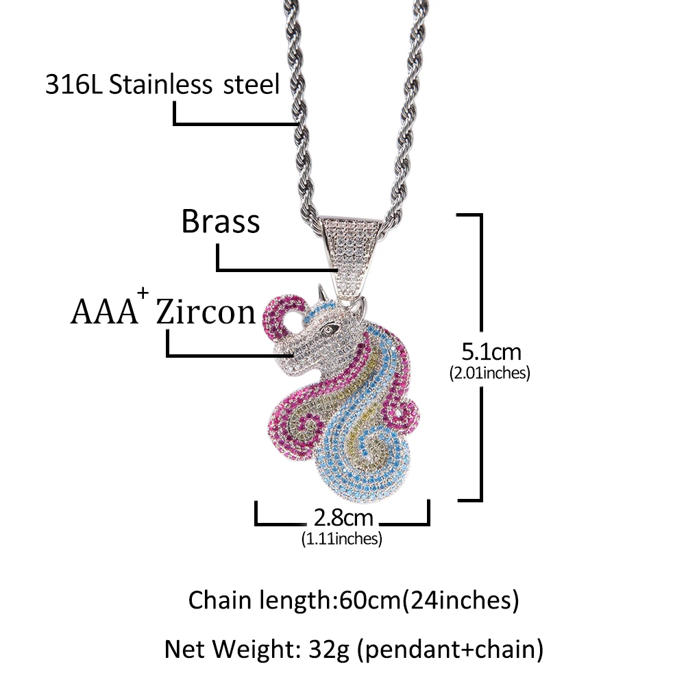 THE BLING KING Unicorn Pendant Necklace Hip Hop Full Iced Out Cubic Zirconia gold plated CZ Stone