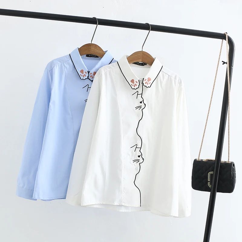 

Women's Preppy Style Cartoon Embroidery White Blouse, Bordered Loose Shirt, Long Sleeve Tops, Autumn, Cute
