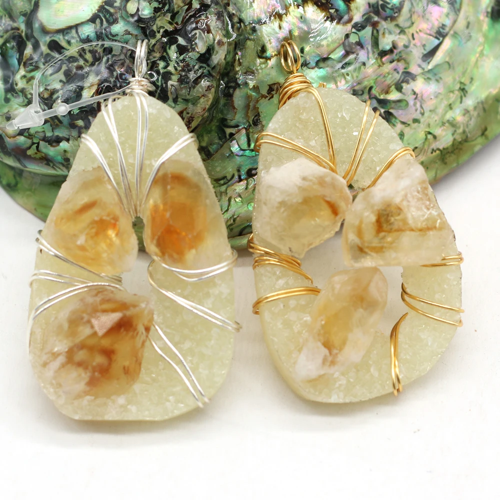 6PCS Wholesale Natural Stone Irregular Citrine Drop Shape Crystal Druzy Pendant for Jewelry Making DIY Necklace Accessories