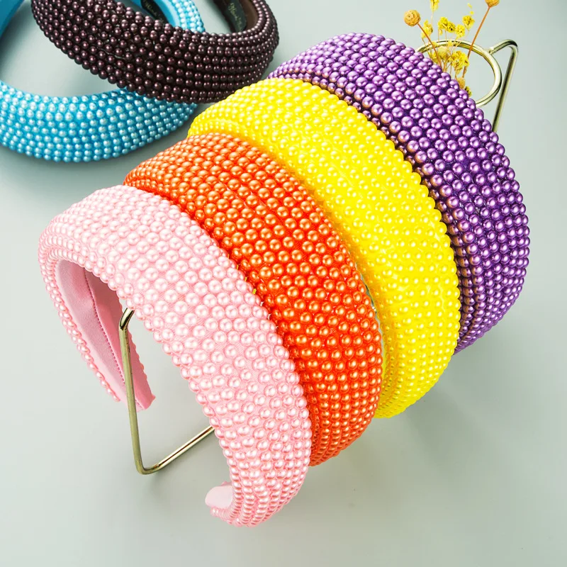 New Luxury Bling Full Pearl Headband Hair Accessories Wide Cross Plain Color Thick Padded Headbands Women Hairband