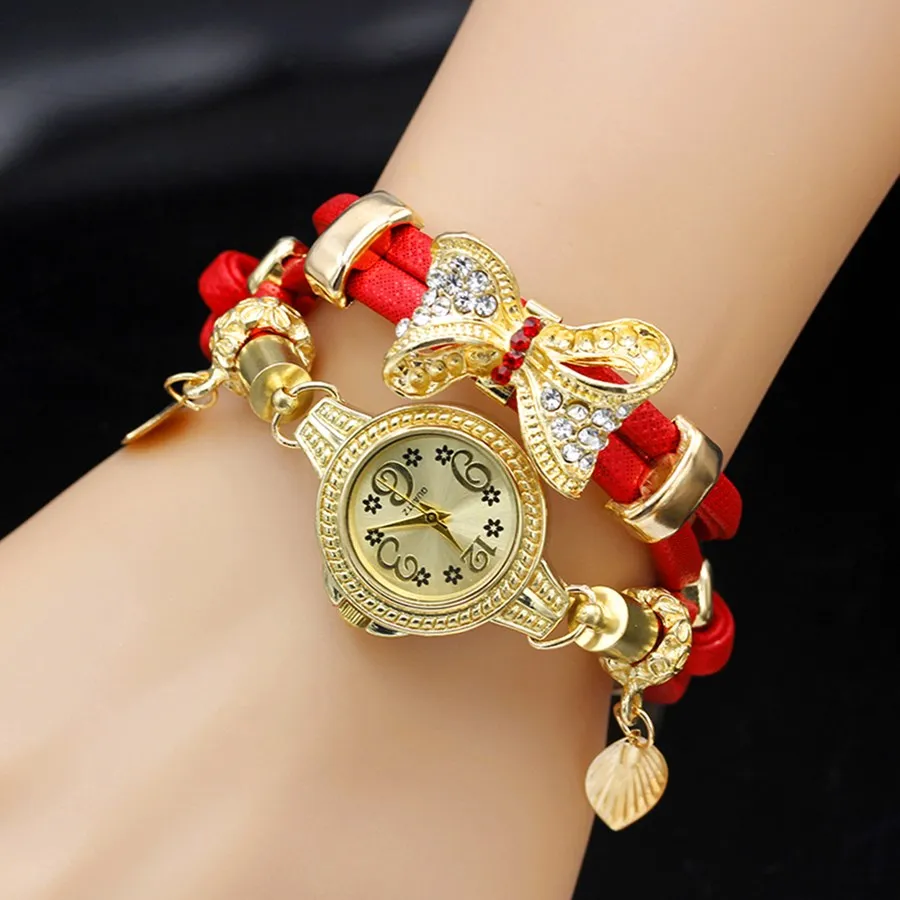 Shsby Fashion Women Rhinestone Watches Ladies Rope Strap Gold Alloy Bowknot Bracelet Quartz Wristwatches Women Dress Watches