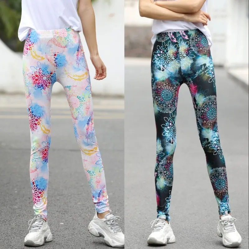 Spring and summer milk silk Leggings thin outdoor sports elastic slim pants flower print Yoga Fitness women's Leggings