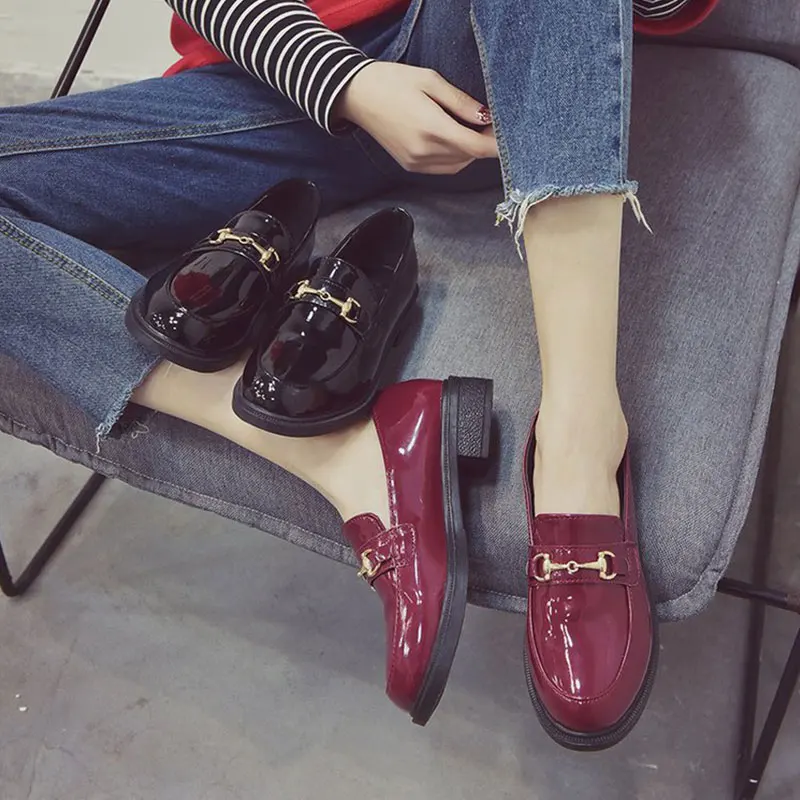 Withered British style retro fashion elegant buckle patent leather solid hedging loafers women shoes women flat shoes women