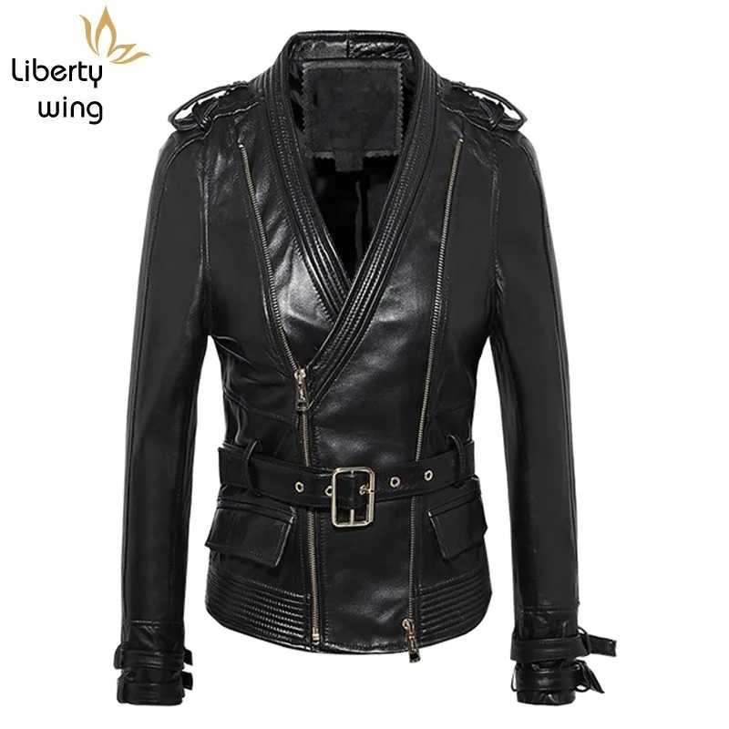 Wanita Musim Semi Kulit Domba Asli Buckle Belt Slim Fit Punk Wanita V Leher Kulit Mantel Plus Ukuran Moto Jaket Biker