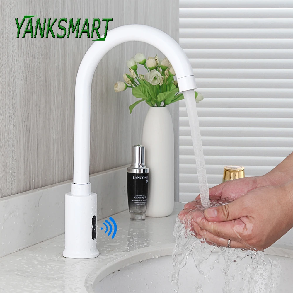 

YANKSMART White Bathroom Automatic Infrared Sensor Sink Faucet Touchless Basin Mixer Water Tap Washbasin Deck Mounted Faucet