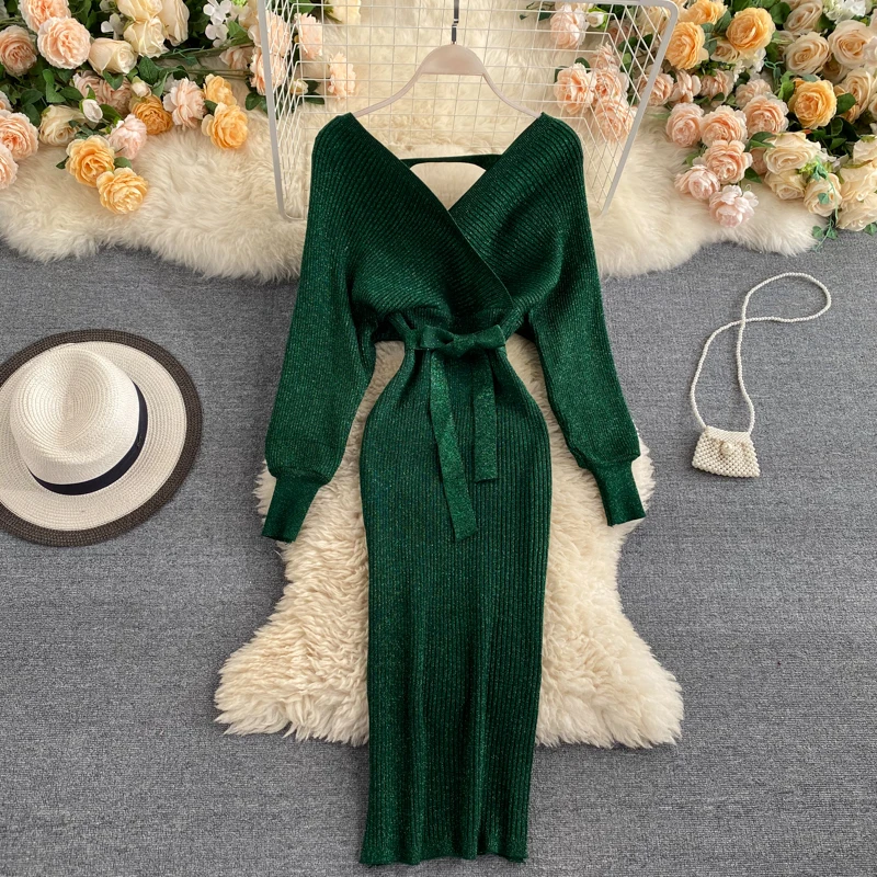 

ALPHALMODA Spring Autumn V-neck Pullover Sparkling Women Vintage Knitting Dress Sashes Solid Knee Length Sweater Dress